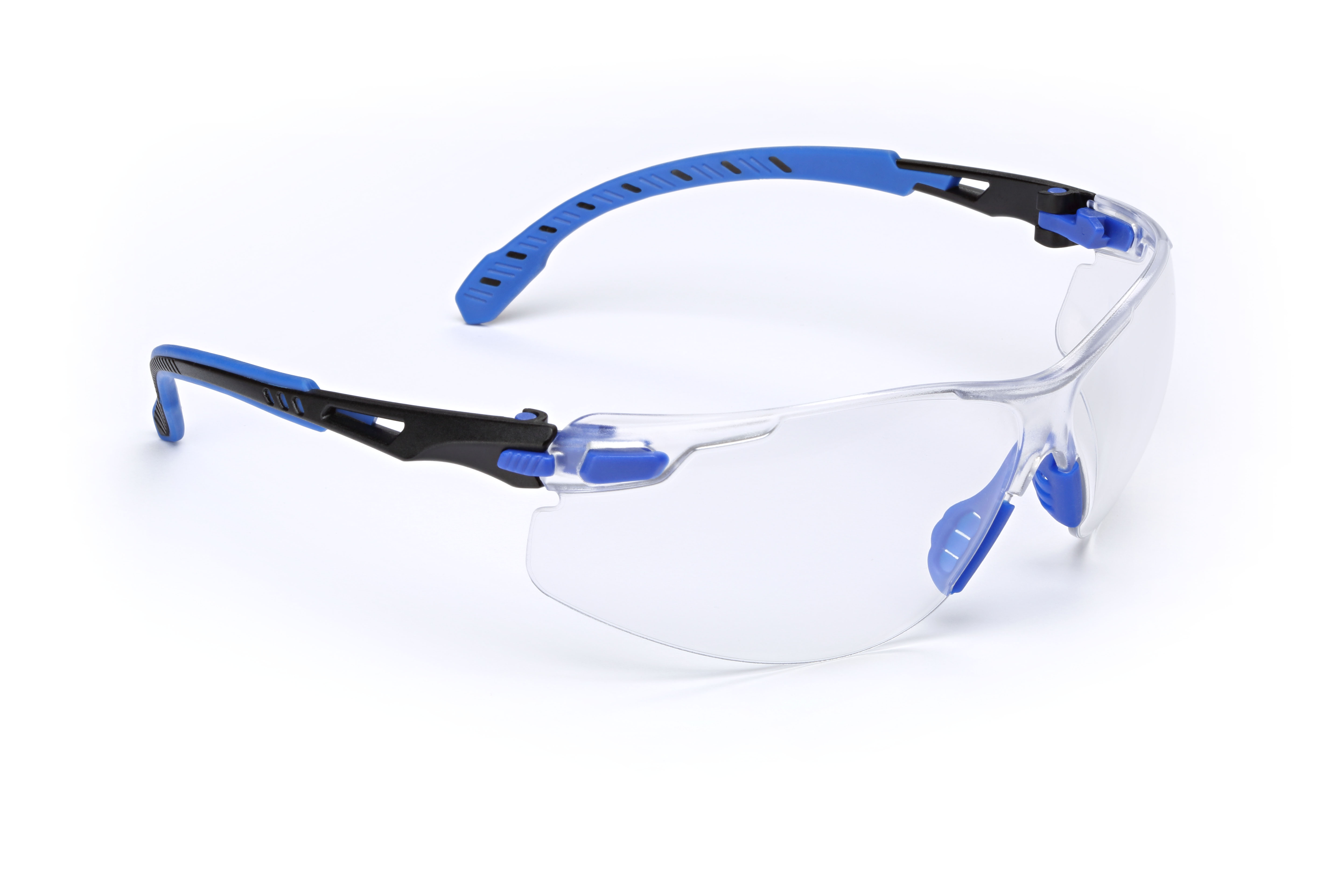 3M™ Solus™ 1000 blue frameless safety glasses, with clear polycarbonate anti-fog and scratch resistant lenses.
